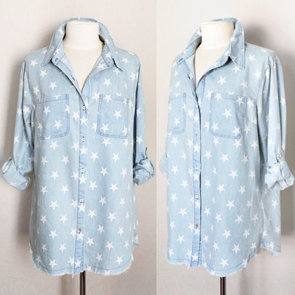 easel Tops - Light Blue Stars Cotton Fray Hem Button Up Shirt
